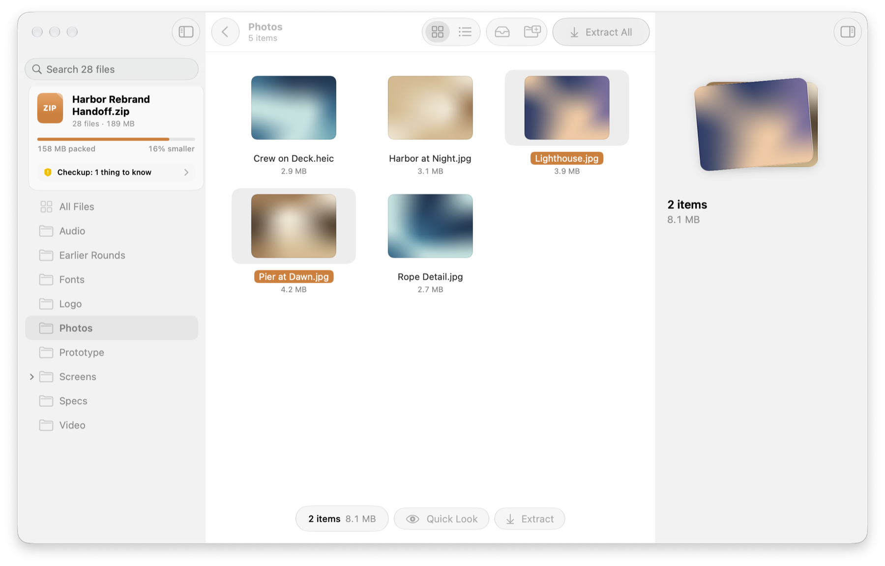 Stow showing the Photos folder of an archive: a sidebar with the archive card and Checkup status, image thumbnails, two selected photos, and a floating capsule offering Quick Look and Extract.