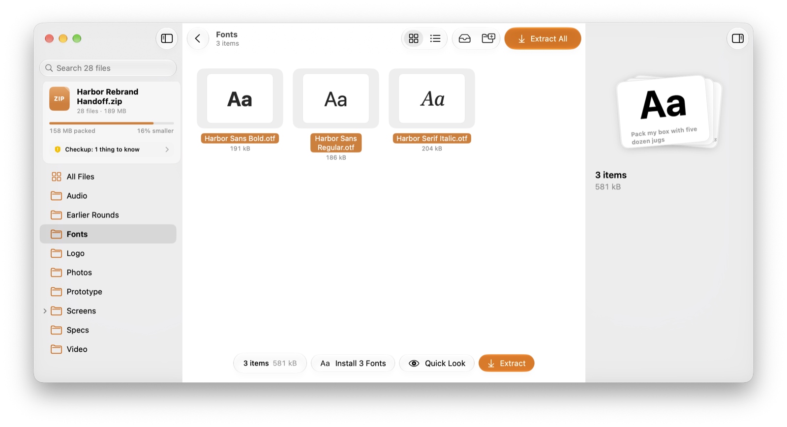 Three font files selected in Stow, each shown as a type specimen. The floating capsule offers Install 3 Fonts, Quick Look and Extract.